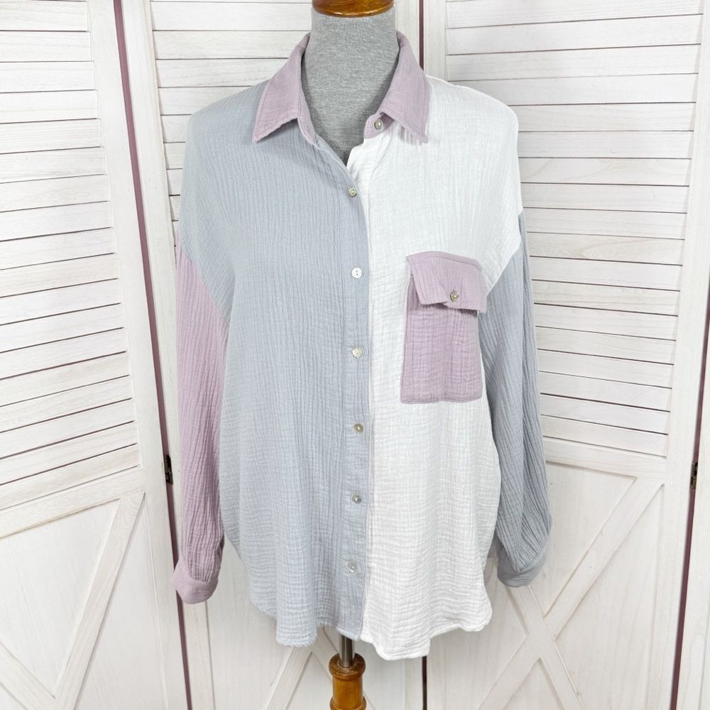 Entro Oversized Gauze Color Block Button Up Shirt… - image 2